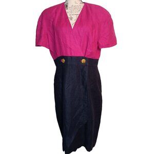 Vintage Richie Freeman for Teri Jon Linen Dress Navy Blue, Fuschia Pink, Size 8